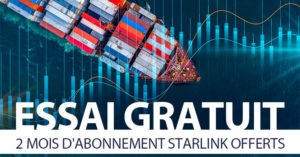 Montage avec une photo de porte-containers pour un essai gratuit de 2 mois d'abonnement Starlink offerts