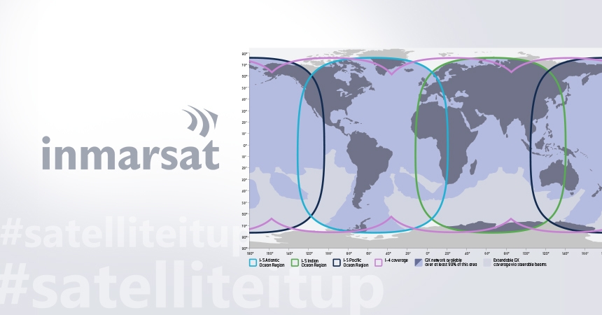 Montage montrant le logo du réseau Inmarsat avec la couverture mondiale, en dehors des pôles de ce réseau maritime