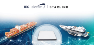 Montage image avec logo iec telecom et starlink au dessus du produit starlink maritime utilise à un yacht et à un porte-container