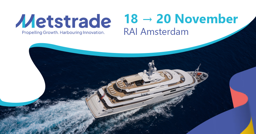 Visuel d'un yacht connecté par satellite, avec logo du Metstrade